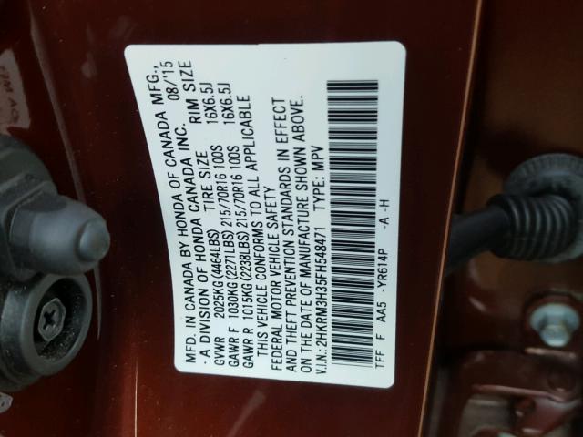 2HKRM3H35FH548471 - 2015 HONDA CR-V LX MAROON photo 10