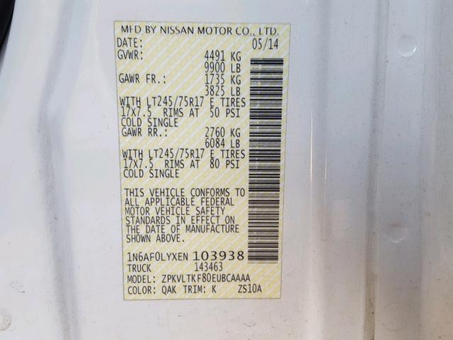 1N6AF0LYXEN103938 - 2014 NISSAN NV 2500 WHITE photo 10