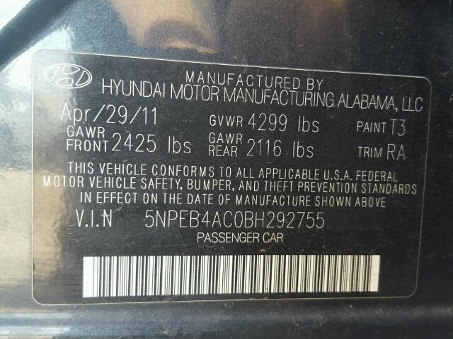 5NPEB4AC0BH292755 - 2011 HYUNDAI SONATA GLS BLUE photo 10