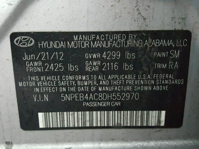 5NPEB4AC8DH552970 - 2013 HYUNDAI SONATA GLS SILVER photo 10