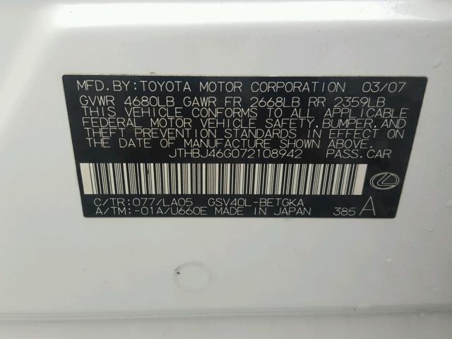 JTHBJ46G072108942 - 2007 LEXUS ES 350 WHITE photo 10