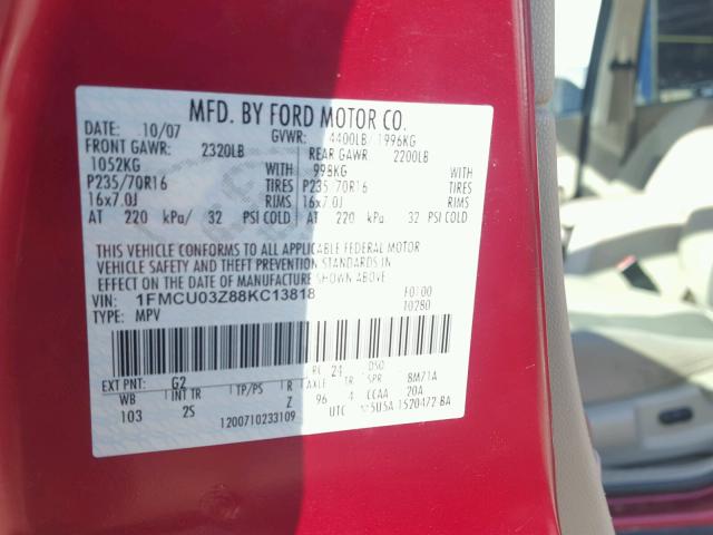 1FMCU03Z88KC13818 - 2008 FORD ESCAPE XLT RED photo 10