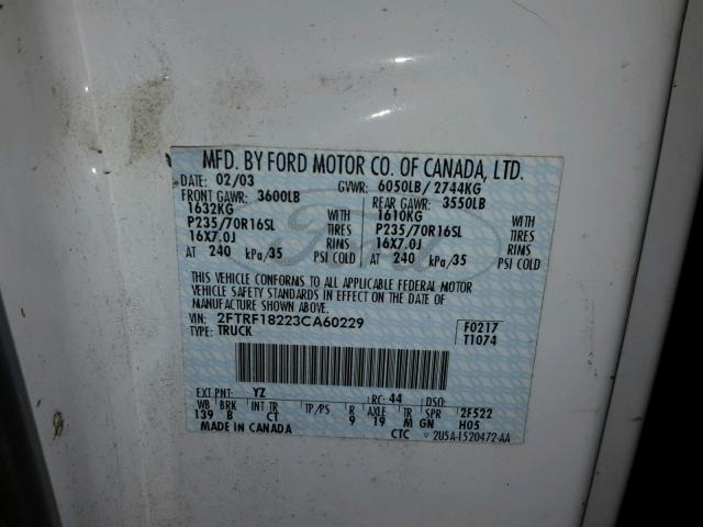 2FTRF18223CA60229 - 2003 FORD F150 WHITE photo 10