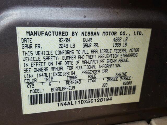 1N4AL11DX5C128194 - 2005 NISSAN ALTIMA S GRAY photo 10