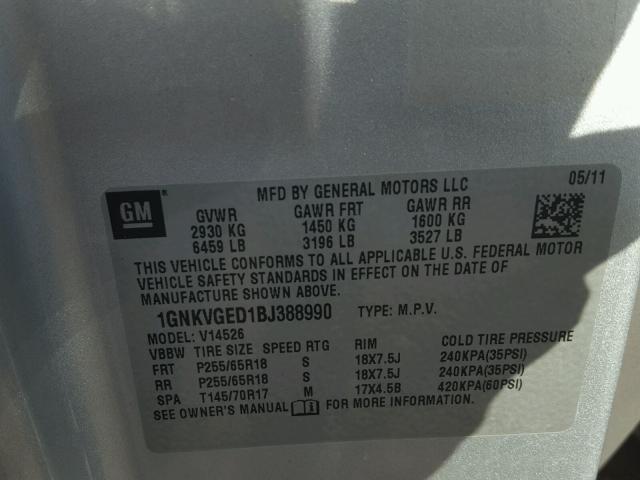 1GNKVGED1BJ388990 - 2011 CHEVROLET TRAVERSE L GRAY photo 10