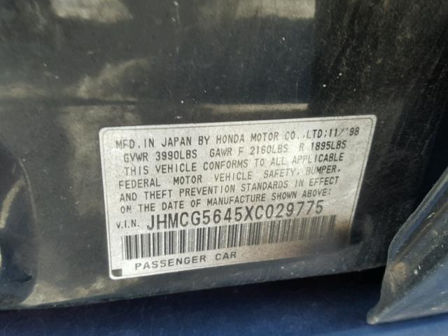 JHMCG5645XC029775 - 1999 HONDA ACCORD LX BLACK photo 10