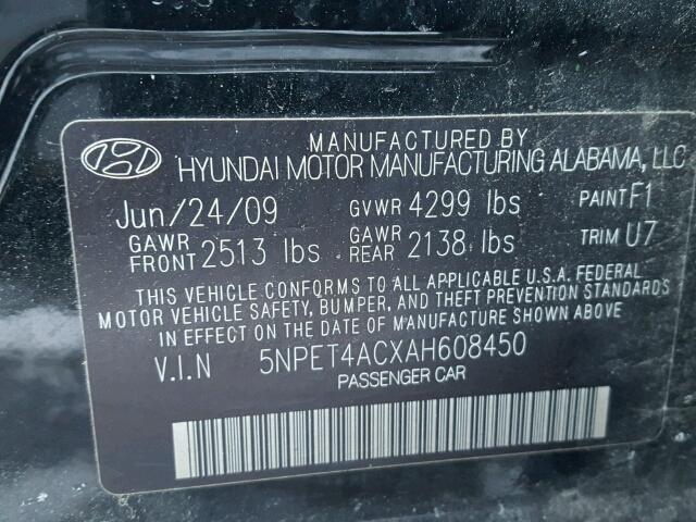 5NPET4ACXAH608450 - 2010 HYUNDAI SONATA GLS BLACK photo 10