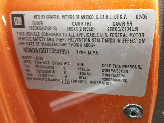 3GNDA13D77S547991 - 2007 CHEVROLET HHR LS Naranja foto 10