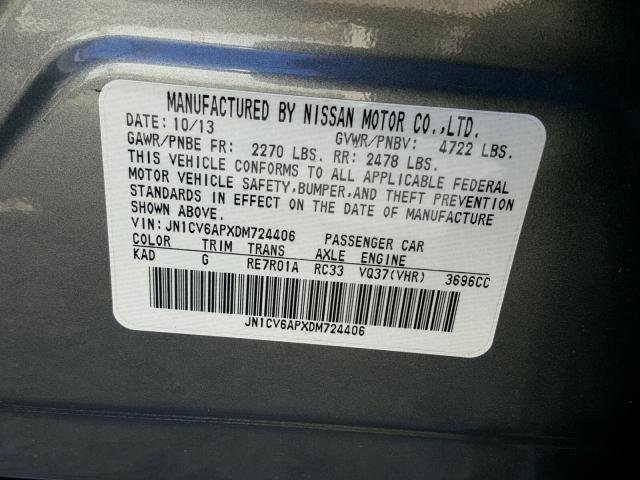 JN1CV6APXDM724406 - 2013 INFINITI G37 BASE GRAY photo 10