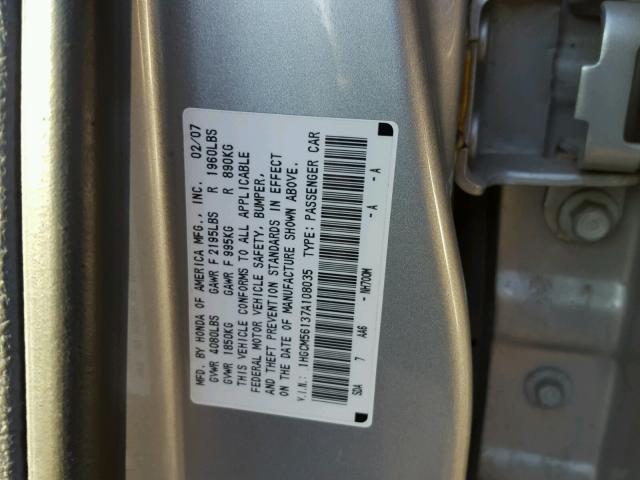 1HGCM56137A108035 - 2007 HONDA ACCORD VAL SILVER photo 10