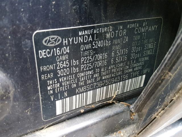 KM8SC73D75U943196 - 2005 HYUNDAI SANTA FE G BLUE photo 10