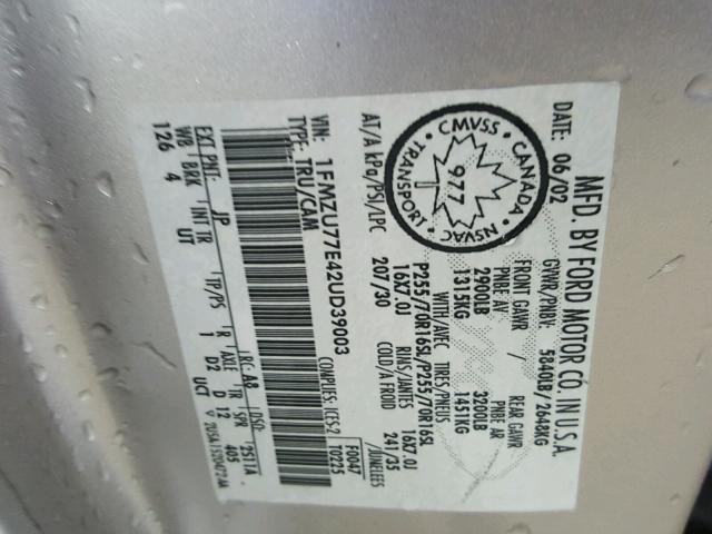 1FMZU77E42UD39003 - 2002 FORD EXPLORER S SILVER photo 10