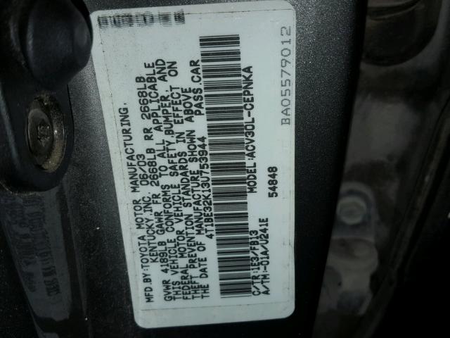 4T1BE32K13U753944 - 2003 TOYOTA CAMRY LE CHARCOAL photo 10