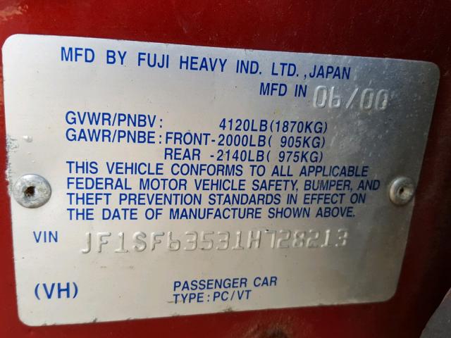 JF1SF63531H728213 - 2001 SUBARU FORESTER L RED photo 10