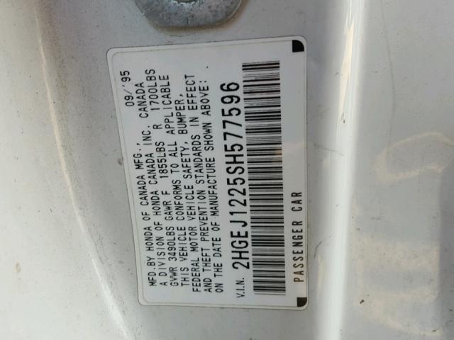 2HGEJ1225SH577596 - 1995 HONDA CIVIC EX WHITE photo 10