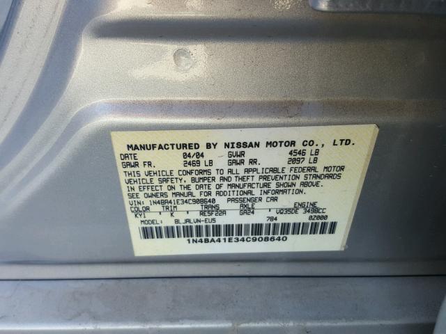 1N4BA41E34C908640 - 2004 NISSAN MAXIMA SE SILVER photo 10