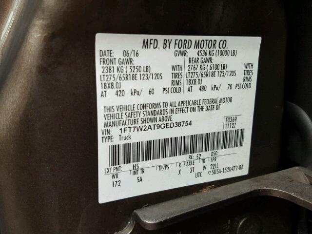 1FT7W2AT9GED38754 - 2016 FORD F250 SUPER GRAY photo 10