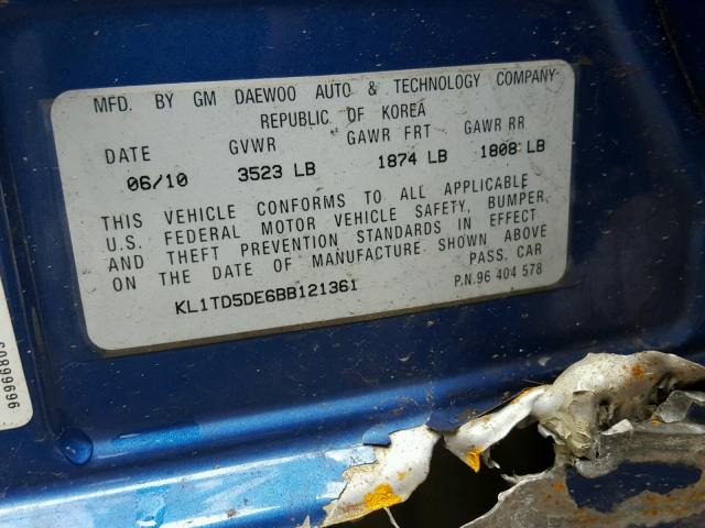 KL1TD5DE6BB121361 - 2011 CHEVROLET AVEO LS BLUE photo 10