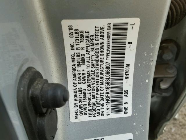 1HGFA16568L066807 - 2008 HONDA CIVIC LX SILVER photo 10