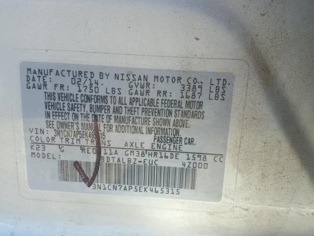 3N1CN7AP5EK465315 - 2014 NISSAN VERSA S SILVER photo 10