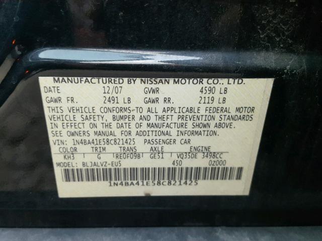 1N4BA41E58C821425 - 2008 NISSAN MAXIMA SE BLACK photo 10