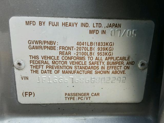 JF1GG67686G802292 - 2006 SUBARU IMPREZA 2. GRAY photo 10