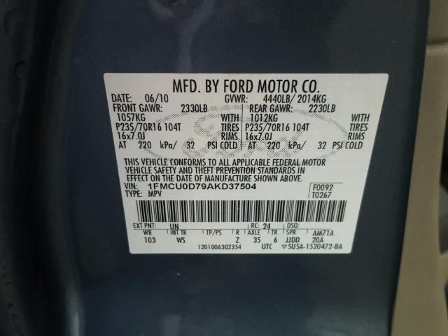 1FMCU0D79AKD37504 - 2010 FORD ESCAPE XLT BLUE photo 10