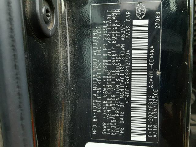 4T4BE46K69R127904 - 2009 TOYOTA CAMRY BASE BLACK photo 10