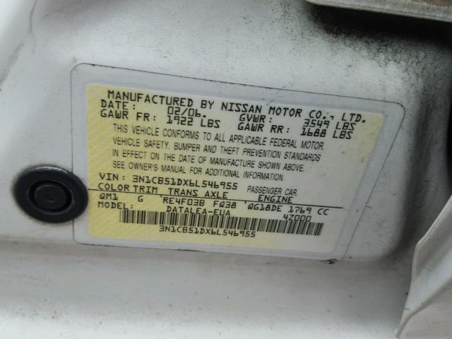 3N1CB51DX6L546955 - 2006 NISSAN SENTRA 1.8 WHITE photo 10