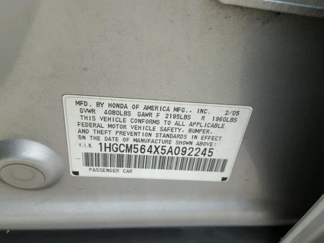 1HGCM564X5A092245 - 2005 HONDA ACCORD LX SILVER photo 10