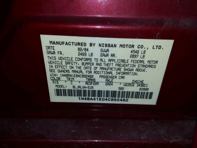 1N4BA41E04C892462 - 2004 NISSAN MAXIMA SE RED photo 10