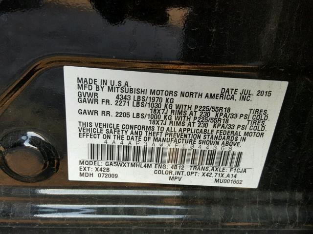 4A4AP3AWXFE044368 - 2015 MITSUBISHI OUTLANDER BLACK photo 10