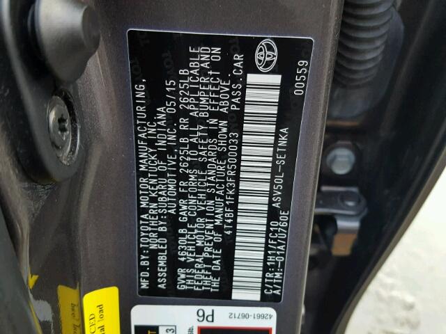 4T4BF1FK3FR500033 - 2015 TOYOTA CAMRY LE ნაცრისფერი ფოტო 10