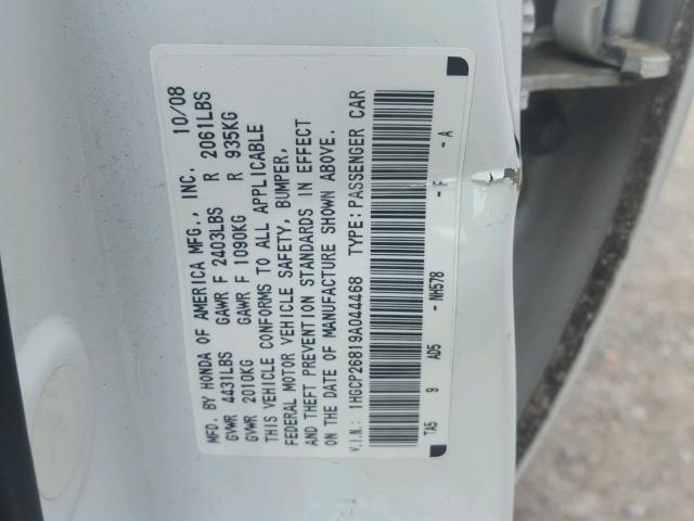 1HGCP26819A044468 - 2009 HONDA ACCORD EXL WHITE photo 10