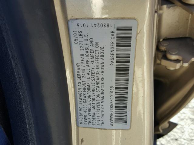 WVWWH63B52E001038 - 2002 VOLKSWAGEN PASSAT GLX 金色 照片 10