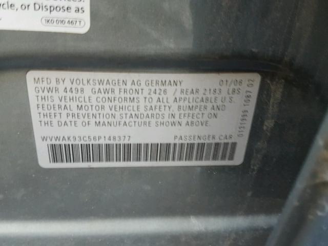 WVWAK93C56P148377 - 2006 VOLKSWAGEN PASSAT 2.0 GRAY photo 10