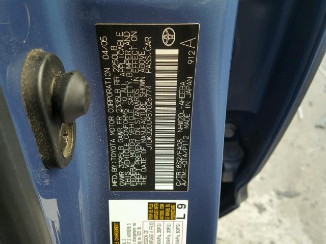 JTDKB20U957026774 - 2005 TOYOTA PRIUS BLUE photo 10