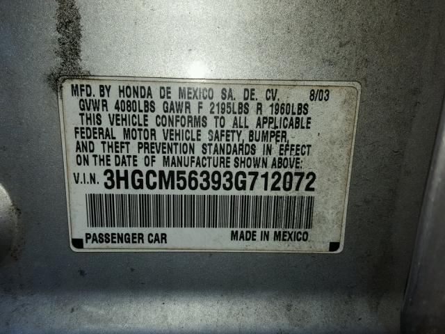 3HGCM56393G712072 - 2003 HONDA ACCORD LX SILVER photo 10