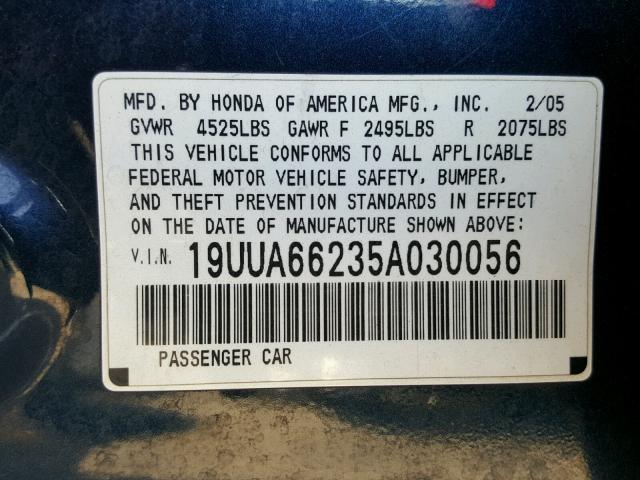 19UUA66235A030056 - 2005 ACURA TL BLUE photo 10