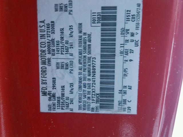 1FTZX17241NB89773 - 2001 FORD F150 RED photo 10