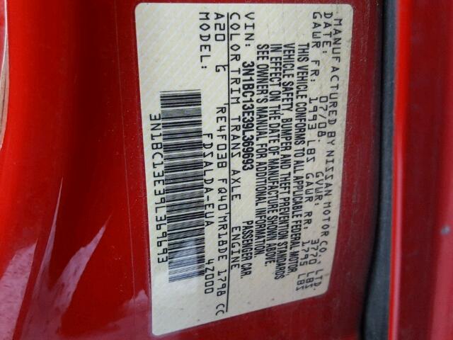 3N1BC13E39L369693 - 2009 NISSAN VERSA S RED photo 10