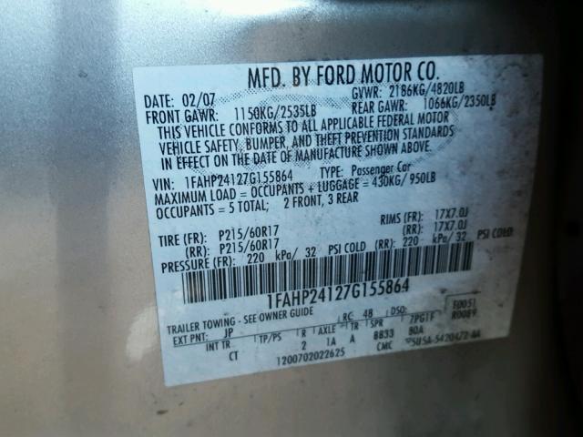 1FAHP24127G155864 - 2007 FORD FIVE HUNDR SILVER photo 10