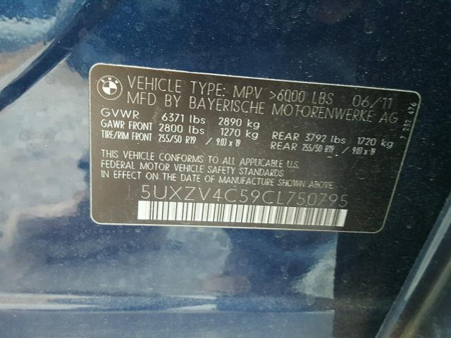 5UXZV4C59CL750795 - 2012 BMW X5 XDRIVE3 BLUE photo 10