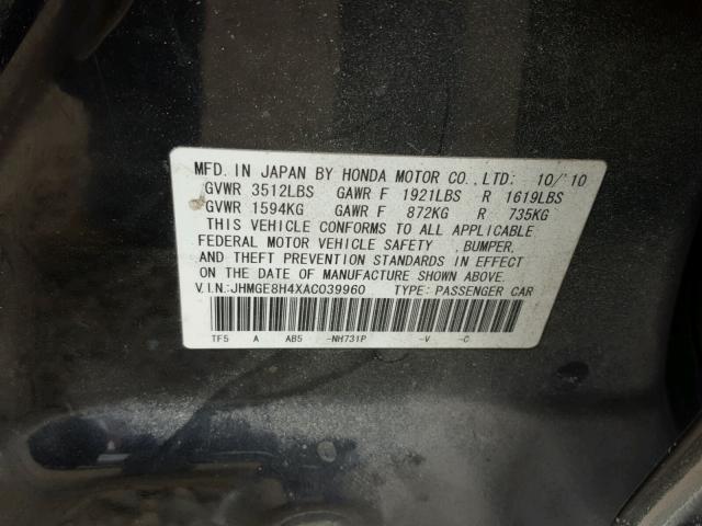 JHMGE8H4XAC039960 - 2010 HONDA FIT SPORT BLACK photo 10