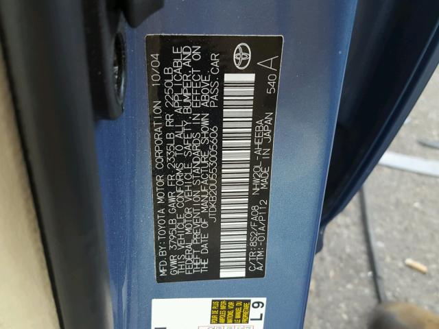 JTDKB20U553005606 - 2005 TOYOTA PRIUS BLUE photo 10