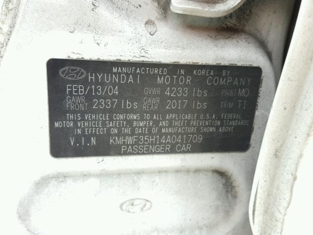 KMHWF35H14A041709 - 2004 HYUNDAI SONATA GLS WHITE photo 10