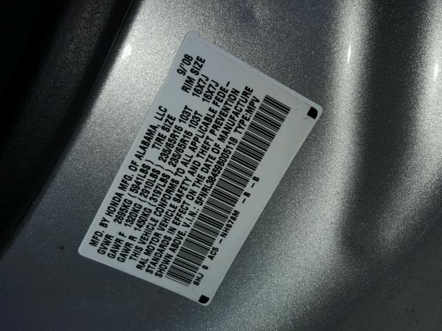 5FNRL38459B005118 - 2009 HONDA ODYSSEY EX SILVER photo 10