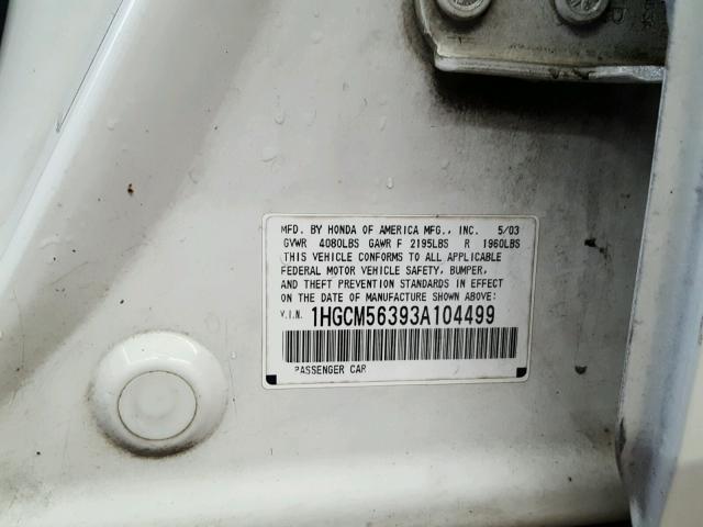 1HGCM56393A104499 - 2003 HONDA ACCORD LX WHITE photo 10