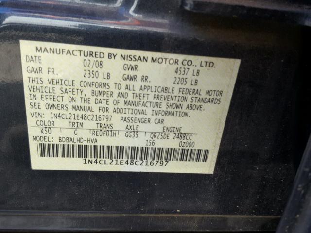 1N4CL21E48C216797 - 2008 NISSAN ALTIMA HYB CHARCOAL photo 10