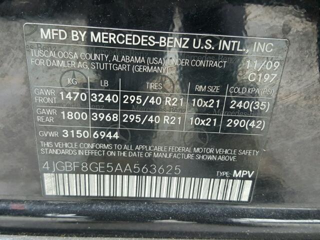 4JGBF8GE5AA563625 - 2010 MERCEDES-BENZ GL 550 4MA BLACK photo 10